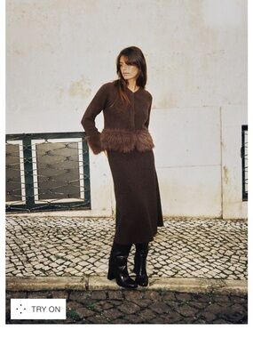 Zara Chocolate Brown Teddy Jacket with Faux Fur Trim